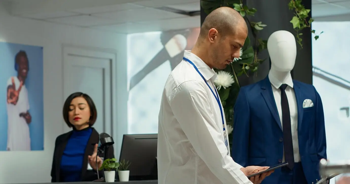 Продавец‑консультант рассматривает одежду на стойках в модном бутике.